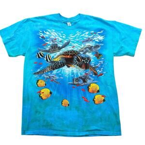 Liquid Blue Sea Turtles Aquatic Nature Blue Cotton Graphic Tee Men's Size Large